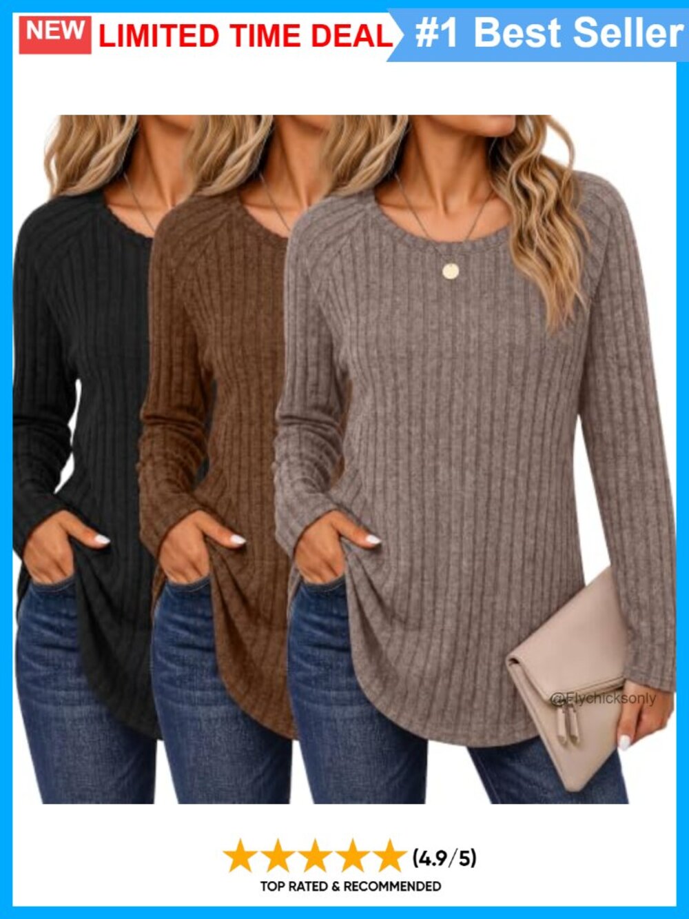 Women's Long Sleeve Tunic Sweaters 3 Pack Crew Neck Pullover